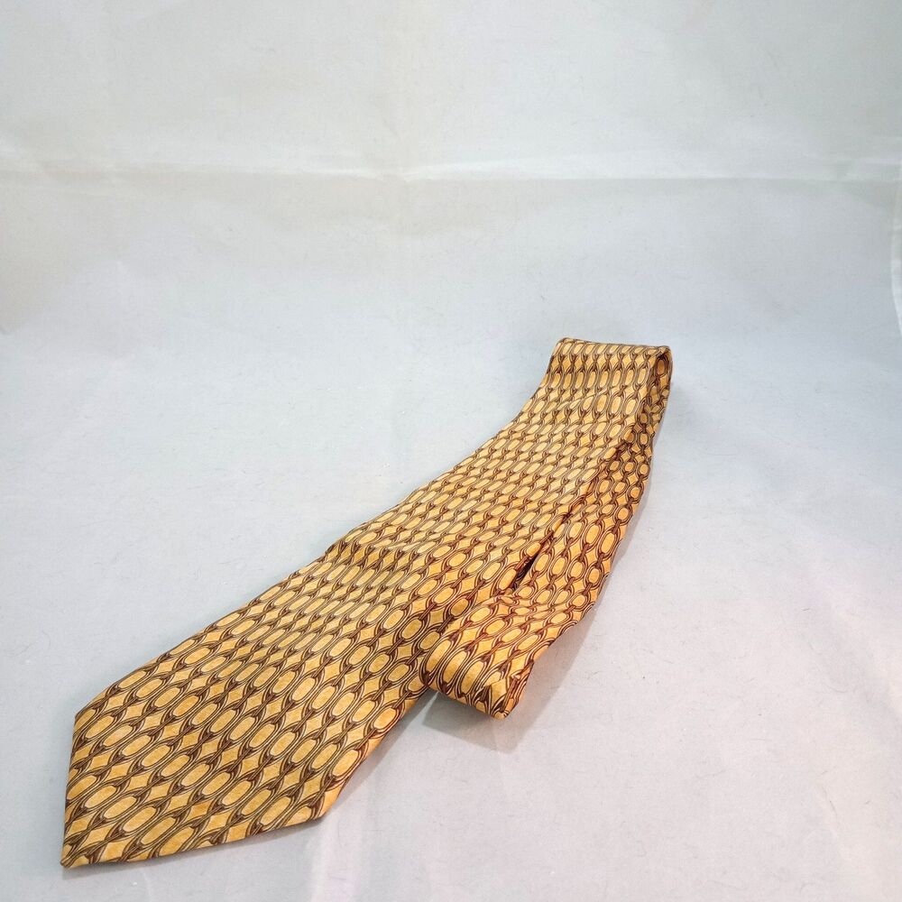 Lanvin Paris Italy Tie Gloss Yellow Gold Brown Checked Luxury Necktie Men Silk